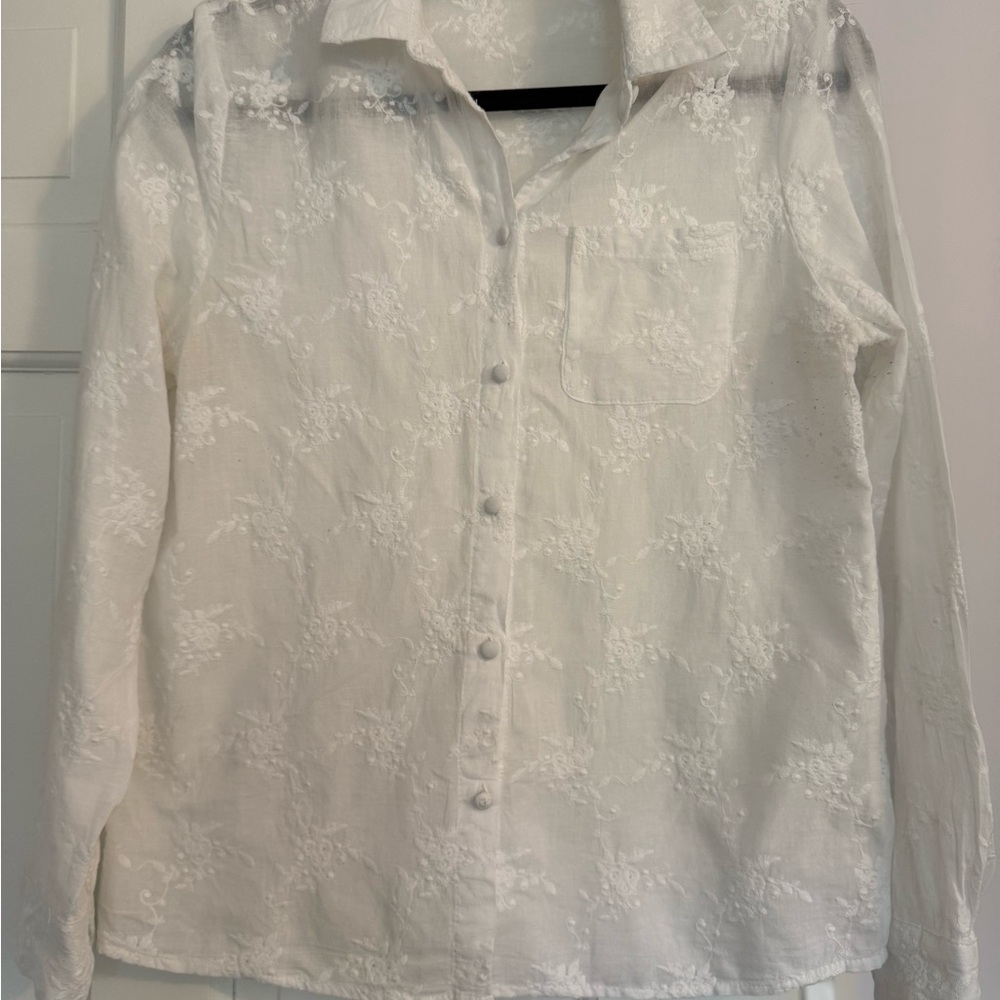 Floral Embroidered White Button Down Shirt for Women
